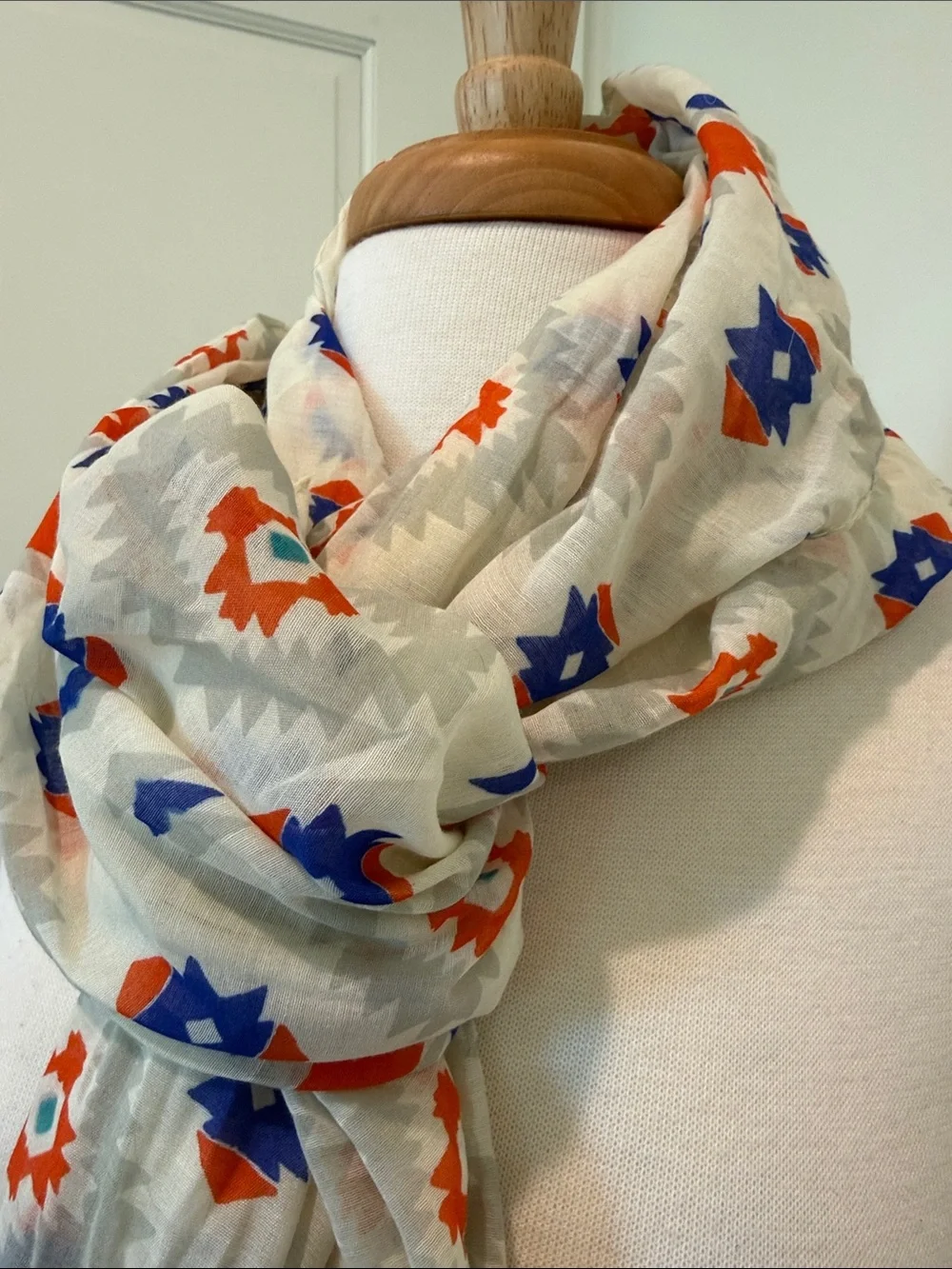 Light Cream Scarf with Red & Blue Star Motif - Unbranded
